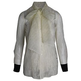 Tory Burch Chantilly-Spitzen-Schleifenbluse aus cremefarbener Polyamid-Spitze Weiß Roh