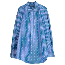 Balenciaga-Balenciaga Stripe Logo Button Down Shirt in Light Blue Cotton-Blue,Light blue