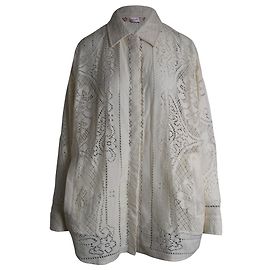 Valentino Garavani Valentino Pointelle Häkelstrick-Hemdjacke aus cremefarbener Baumwolle Weiß Roh