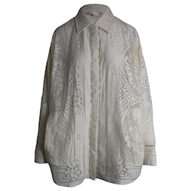 Valentino Garavani-Valentino Pointelle Crochet Knit Shirt Jacket in Cream Cotton-White,Cream