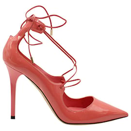 Jimmy Choo-Jimmy Choo Vita 100 Lace Up Pumps in Patent Leather Coral Pink-Pink