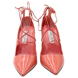 Jimmy Choo-Jimmy Choo Vita 100 Lace Up Pumps in Patent Leather Coral Pink-Pink