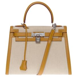 Hermès-KELLY HANDBAG 28 saddler shoulder strap in ecru h canvas and gold leather - 101219-Beige