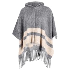 Brunello Cucinelli-Brunello Cucinelli Poncho cape à pompon en laine mohair grise-Gris