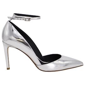 Diane Von Furstenberg Laredo Ankle Strap Heels in Silver Leather Silvery