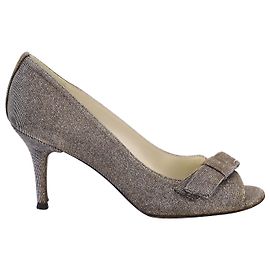 Stuart Weitzman Peep Toe Bow Detail Heels in Silver Polyester Silvery Metallic