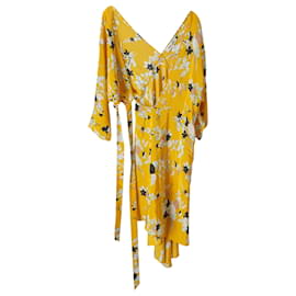 Diane Von Furstenberg-Diane Von Furstenberg Vestido envelope estampa floral em seda amarela-Amarelo