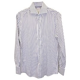 Brunello Cucinelli Camicia Slim Fit a Righe in Cotone Bianco e Blu Navy Altro