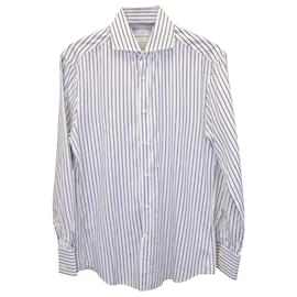 Brunello Cucinelli-Brunello Cucinelli Striped Slim Fit Shirt in White and Navy Cotton-Other