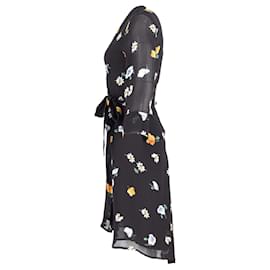 Ganni-Ganni Rory Gathered Floral Print Chiffon Midi Dress in Black Viscose-Other