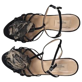 Valentino Garavani-Valentino Silk Applique High-Heel Sandals in Black Silk-Black