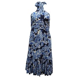 Tory Burch Robe mi-longue dos nu en soie bleu fleuri Bleu
