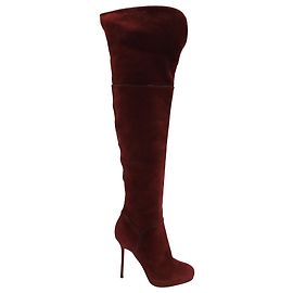 Sergio Rossi Over-The-Knee High-Heel Boots in Maroon Suede Dark red