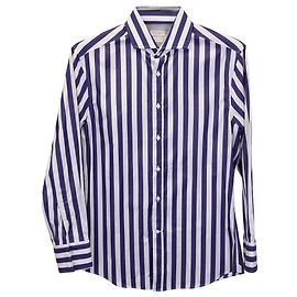 Brunello Cucinelli Camicia Slim Fit a Righe in Cotone Bianco e Blu Navy Blu Blu navy