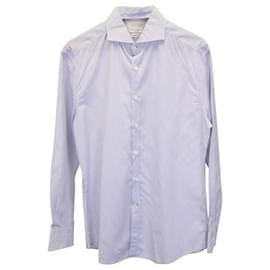 Brunello Cucinelli-Brunello Cucinelli Camisa Slim Fit Listrada em Algodão Branco e Azul-Azul