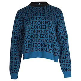 Kenzo-Pull Kenzo Monogram Tricoté en Coton Bleu-Bleu