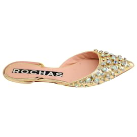 Rochas-Rochas Crystal Embellished Point Toe Flats in Gold Leather-Golden,Metallic