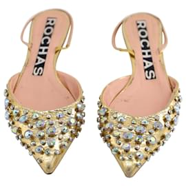 Rochas-Rochas Crystal Embellished Point Toe Flats in Gold Leather-Golden,Metallic