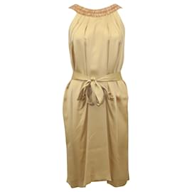 Alberta Ferretti-Alberta Ferretti Vestido con cinturón y detalle de cuello adornado en seda beige-Beige