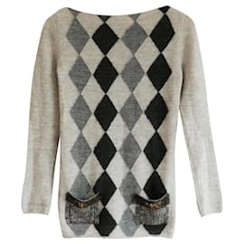 Prada-Prada AW01 Sequin Trim Argyle Sweater-Grey