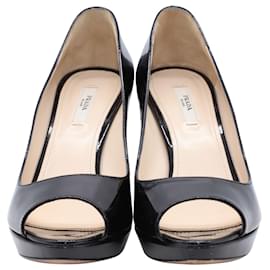 Prada-Prada Peep Toe Heels in Black Patent Leather-Black