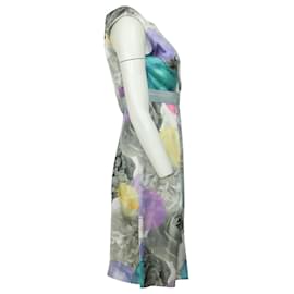 Moschino-Ärmelloses Moschino-Kleid mit Blumenmuster und Taillenschnürung aus mehrfarbiger Seide-Mehrfarben