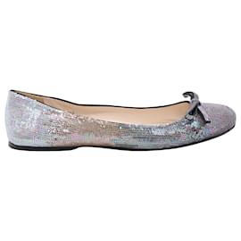 Prada-Prada Sequined Ballet Flats with Bow in Silver Leather-Silvery