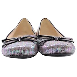 Prada-Prada Sequined Ballet Flats with Bow in Silver Leather-Silvery