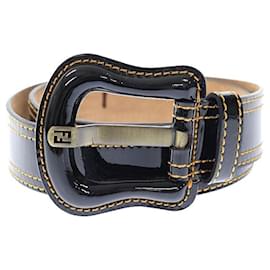 Fendi-*Fendi FENDI FF logo back stitch enamel leather belt  80/32 Black black-Black