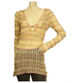 DKNY Jeans Mehrfarbiger, durchsichtiger, gestrickter Ringpullover aus Baumwolle mit langem Oberteil, Größe M Mehrfarben
