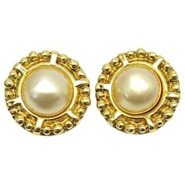 Chanel-NEW VINTAGE EARRINGS CHANEL 1970 ROUND GOLD METAL PEARL EARRINGS-Golden