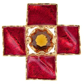 NUEVO BROCHE VINTAGE YVES SAINT LAURENT CRUZ COLGANTE EN METAL ORO Y ESMALTE Roja