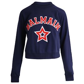 Kurzer Pullover mit Balmain-Logo und Stern aus marineblauer Baumwolle Blau Marineblau