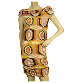 Autre Marque-Matthew multicolore imprimé épaules dénudées drapé mini robe moulante taille 2-Multicolore