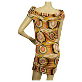 Autre Marque-Vestido mini ajustado drapeado con hombros descubiertos y estampado multicolor de Matthew talla 2-Multicolor