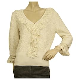Michael Kors-Michael Kors Ivory 3/4 Sleeves Crochet Knit Details Tunic Top Blouse size L-Cream