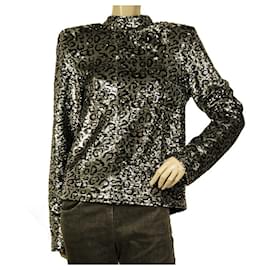 Autre Marque-R+A Silber-Schwarz-Leoparden-Modejacke mit halbem Reißverschluss und Pailletten, Größe M-Schwarz,Silber