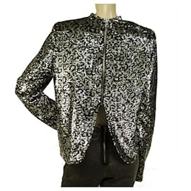 Autre Marque-R+A Silver Black Leopard Fully Sequined Half Zipper Fashion Jacket size M-Black,Silvery