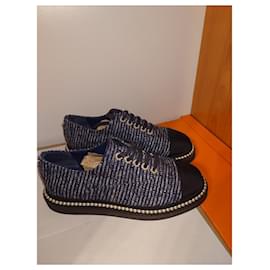 Chanel-Chanel Tweed Lace Up Sneaker Blue Flat Size 38.5 US 8.5 UK 5.5 AU 7.5-Black,Blue