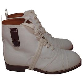 Chanel Cloth Lace Up Boot Size 37 US 7 UK 4 AU 6 Grey