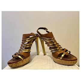 Miu Miu-Gold and brown gladiator sandals with cork platform-Brown,Golden