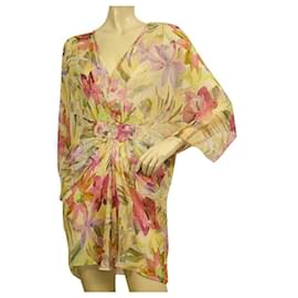 Blumarine-Flores Blumarina 100% Vestido tipo caftán transparente tipo túnica con cuentas de seda tamaño 42-Multicolor