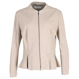 Hugo Boss-BOSS Zip Peplum Jacket in Cream Lambskin Leather-White,Cream