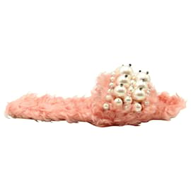 Miu Miu-Miu Miu Pearl Embellished Slides in Pink Faux Fur-Pink