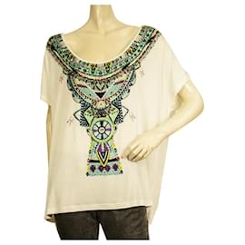 Camilla-Camilla White Modal Ethnic Beaded Top Boho Oversize T-Shirt Größe S-Mehrfarben