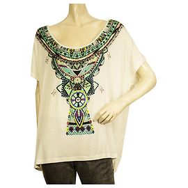 Camilla White Modal Ethnic Beaded Top Boho Oversize T-Shirt taglia S Multicolore