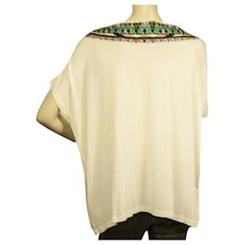 Camilla-Camilla Top Étnico de Modal Blanco con Abalorios Boho Oversize T- Shirt talla S-Multicolor
