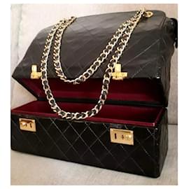 Chanel-Chanel 1980’s Vanity Case Bottom Lambskin Black Quilted Leather Large Tote Bag w 24K gold plated hardware-Black