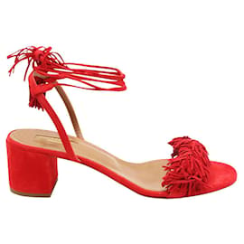 Aquazzura-Red Wild Thing 50 Fringed Mid Heel Sandals-Red