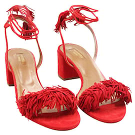 Aquazzura-Red Wild Thing 50 Fringed Mid Heel Sandals-Red